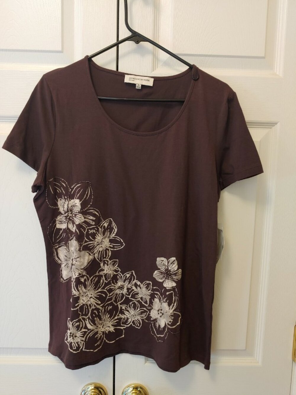 New Women Jones New York Sport Stretch Brown Floral Beaded Top Shirt Size XL